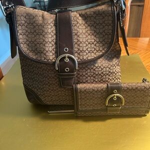 Coach Brown Designer Shoulder Bag and Wallet Set